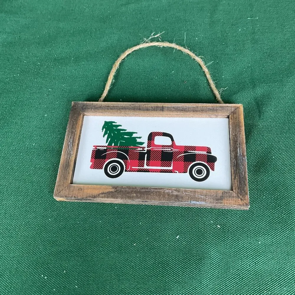 Framed Buffalo Plaid Red Truck Christmas Sign Ornament | Rustic Wooden Holiday